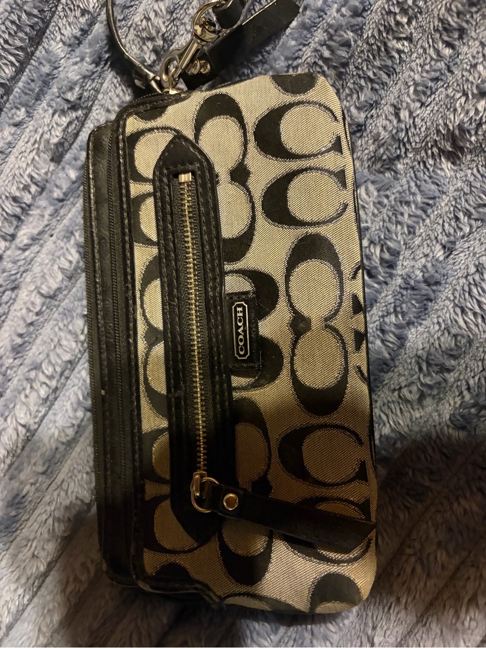 Coach Black and Silver Signature Pattern Women’s wallet with wrist strap